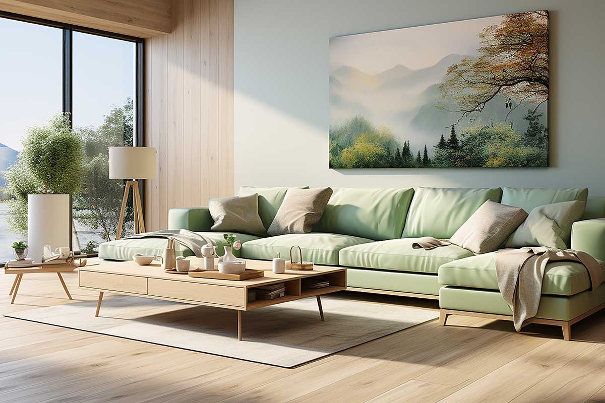 soggiorno con mobili in legno e verde chiaro