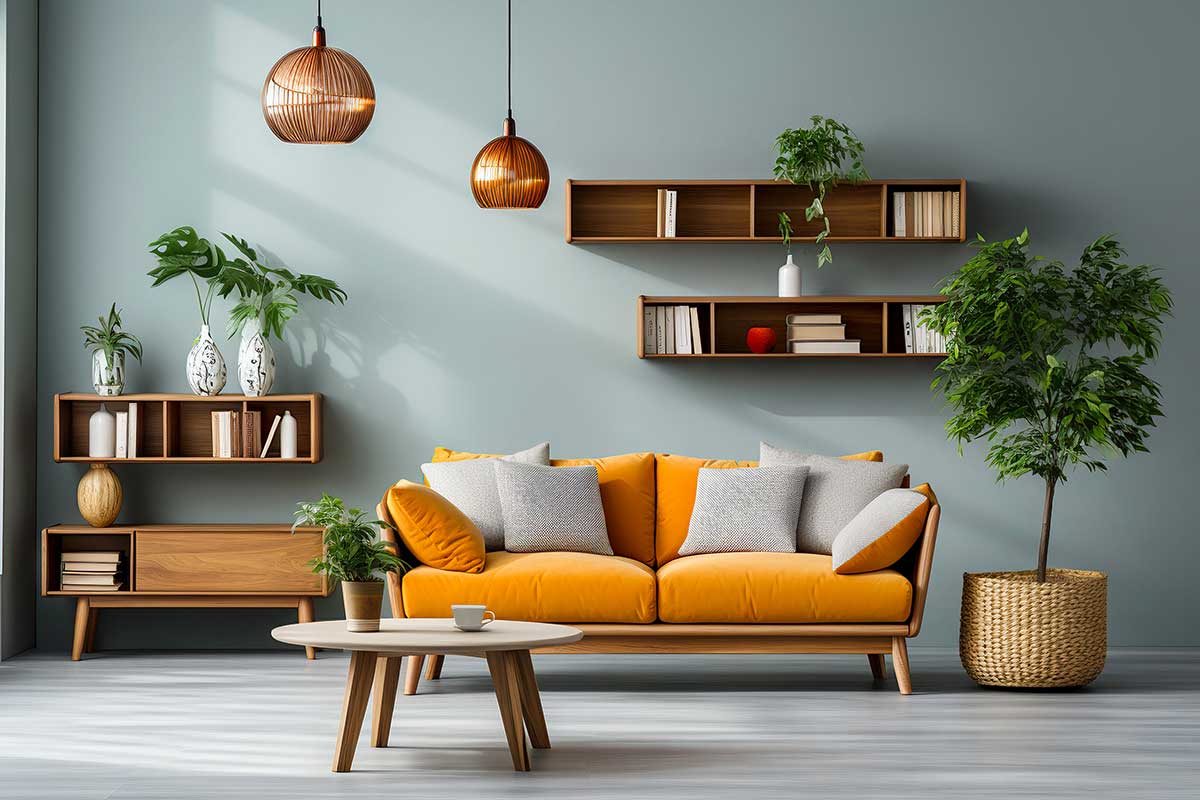 salotto con tavolo divano arancione base in legno