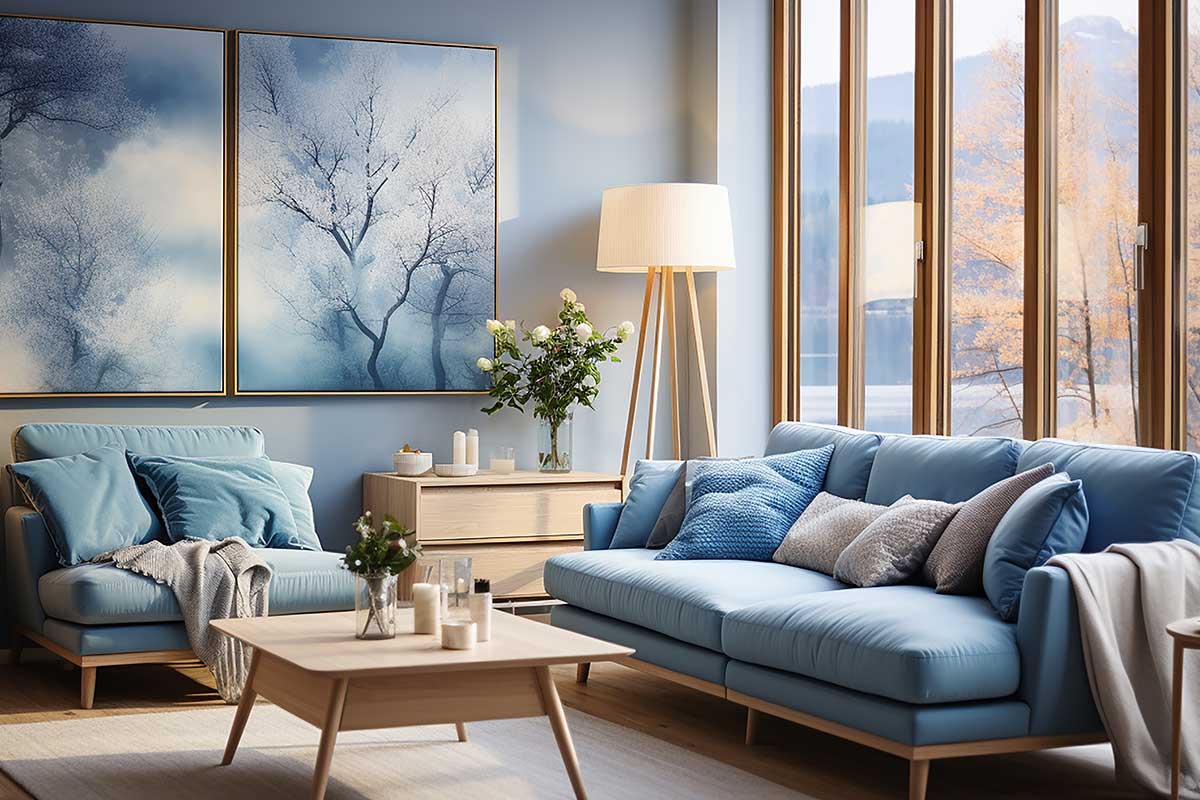 divano blu ghiaccio con mobili in legno