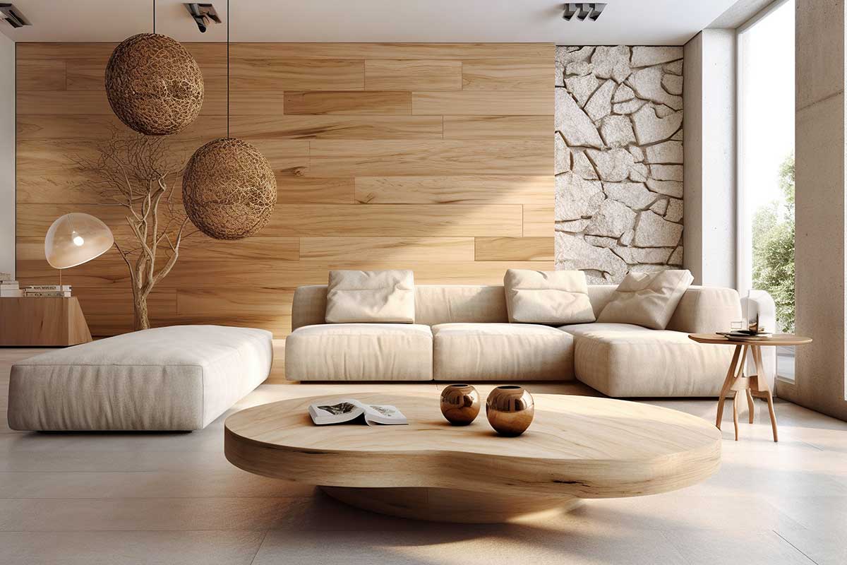 soggiorno moderno con parete in legno