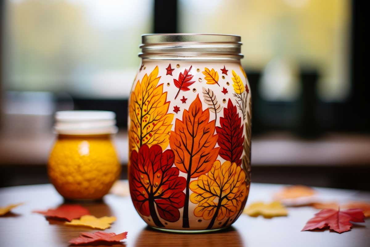 vaso in vetro con foglie dipinte