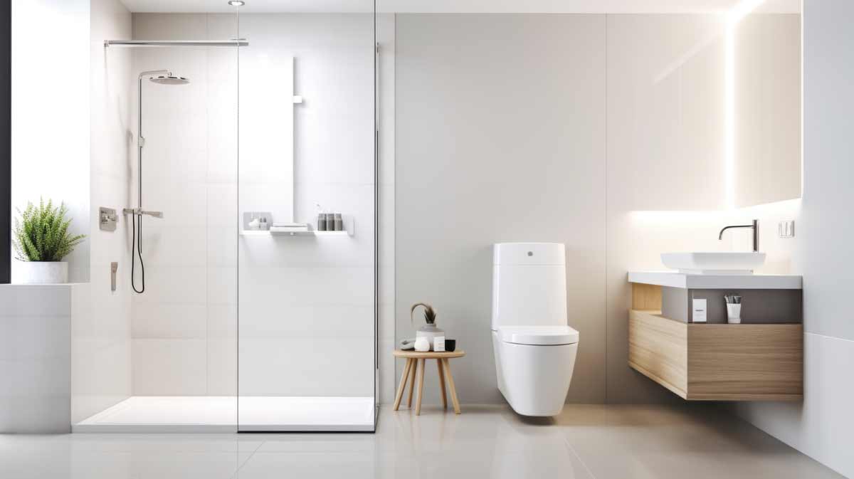 bagno moderno bianco con mobile legno